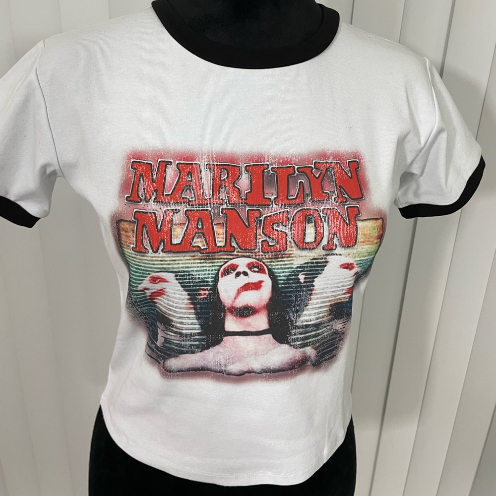 DOLLS KILL x MARILYN MANSON Collab Crop Ringer Babydoll Ted T-Shirt White M - Picture 5 of 8